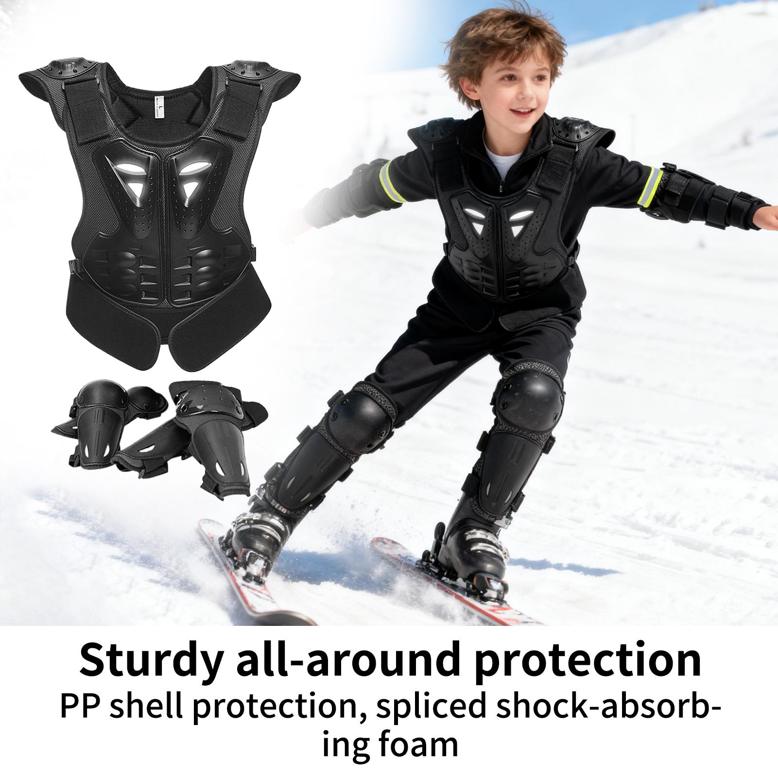Cycling Gear Padding - ชุดป้องกันหน้าอกสำหรับวิบากสำหรับเด็ก พร้อมแผ่นรองข้อศอกและเข่า อุปกรณ์ขี่มอเตอร์ไซค์สำหรับเด็กชายและเด็กหญิง เหมาะสำหรับเล่นสกี สเก็ต และสเก็ตบอร์ด