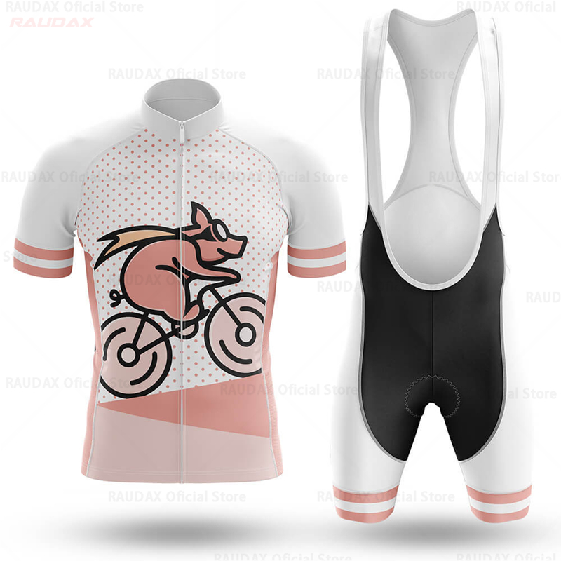 Cycling Gear Padding - ชุดเสื้อปั่นจักรยานลายการ์ตูนหมูตลกสำหรับผู้ชาย สีชมพู พร้อมกางเกงขาสั้นแบบมีสายรัด สำหรับปั่นจักรยานเสือภูเขา - อุปกรณ์ปั่นจักรยานใหม่